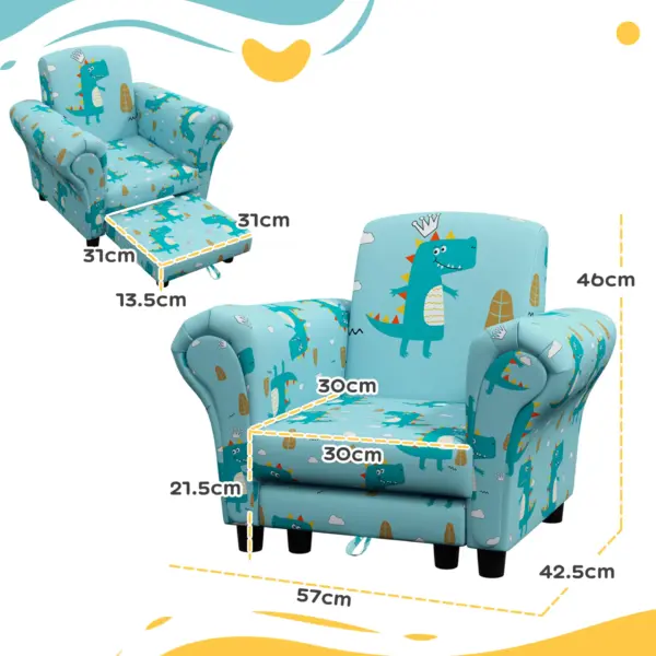 2 Piece Kids Sofa Set with Dinosaur Design, Wooden Frame, for 1.5-3 Years Old in Blue by AIYAPLAY