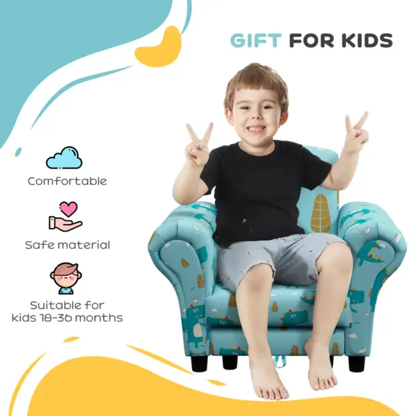 2 Piece Kids Sofa Set with Dinosaur Design, Wooden Frame, for 1.5-3 Years Old in Blue by AIYAPLAY