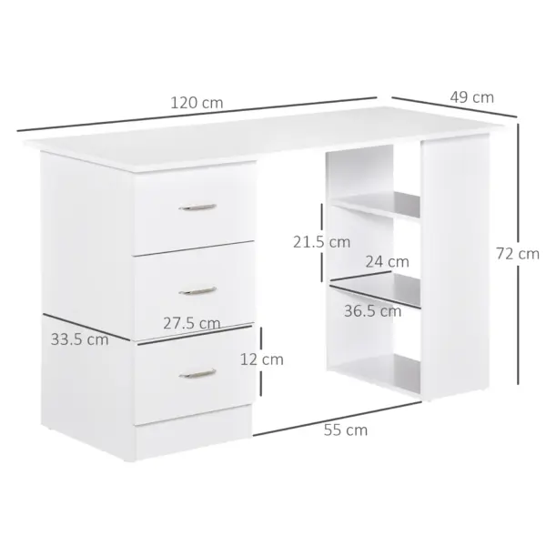 120cm Computer Desk Writing Table PC Workstation Study Laptop Stationery w/ 3 Shelf & Drawers White by HOMCOM