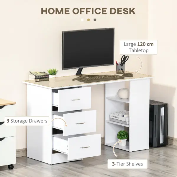 120cm Computer Desk Writing Table PC Workstation Study Laptop Stationery w/ 3 Shelf & Drawers White by HOMCOM