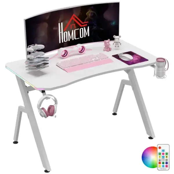 RGB 120 x 66cm Gaming Desk with Carbon Fibre Surface, Headphone Hook, Cup Holder, Controller Rack for Home Office in White by HOMCOM
