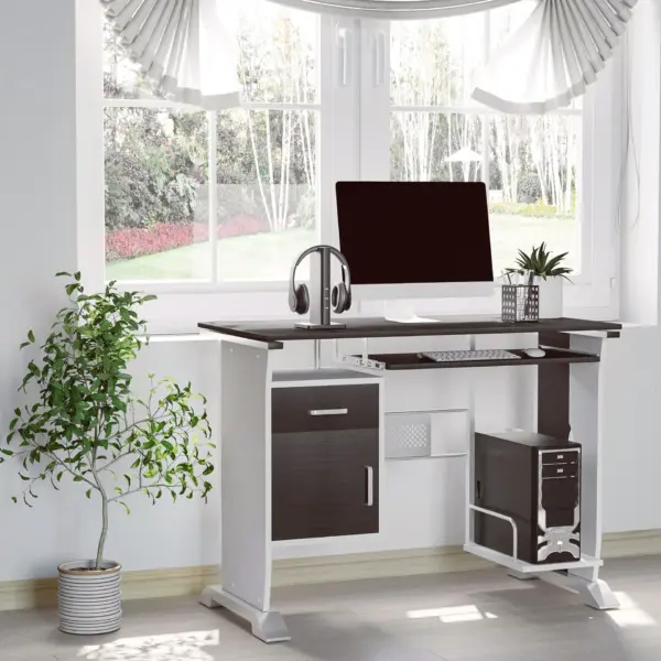Home Office Workstation Desk, PC Computer Desk with Sliding Keyboard Tray, Storage Drawers, Host Box Shelf, Black Walnut | HOMCOM