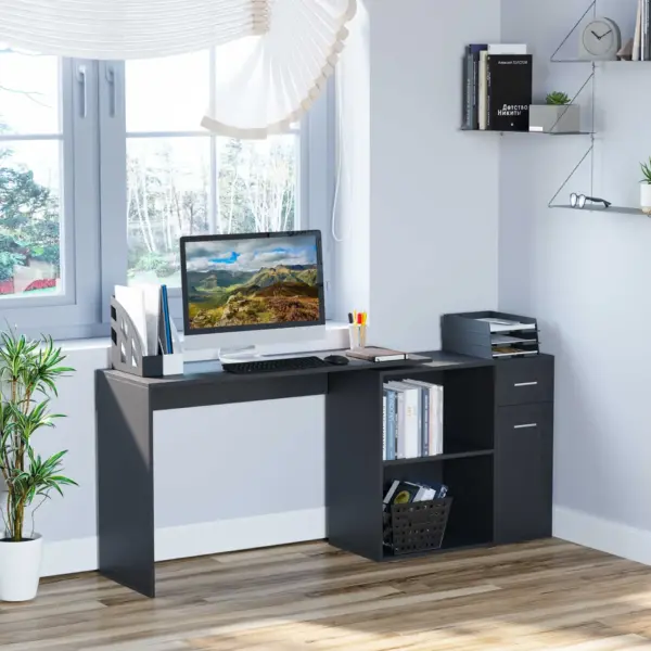 L-Shaped corner computer desk Table Study Table PC Workstation with Storage Shelf Drawer Home Office Black | HOMCOM