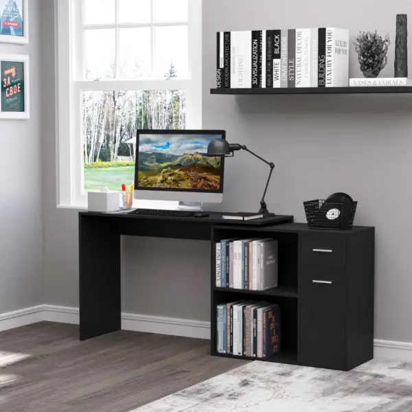L-Shaped corner computer desk Table Study Table PC Workstation with Storage Shelf Drawer Home Office Black | HOMCOM