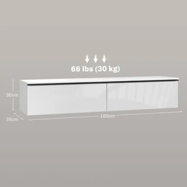 160cm High Gloss Floating TV Unit Stand for TVs up to 70", Wall Mounted TV Cabinet with Storage Cupboards in White by HOMCOM