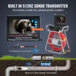 VEVOR Sewer Camera, 328 ft/100m, Self-Leveling Drain Camera with 10.1" Touchscreen, 512Hz Transmitter & Distance Counter, IP67 Snake Plumbing Camera with Lights-12 LED, 32GB Card for Duct Pipe