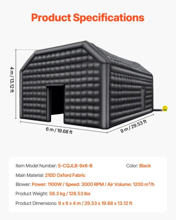 VEVOR Inflatable Nightclub, 29.5 x 19.7 x 13.1 Ft, Blow up Party Tent with 1100W Blower, Large Inflatable Night Club Tent for Adults, Easy Setup Inflatable House Air Cube for Wedding Birthday Black
