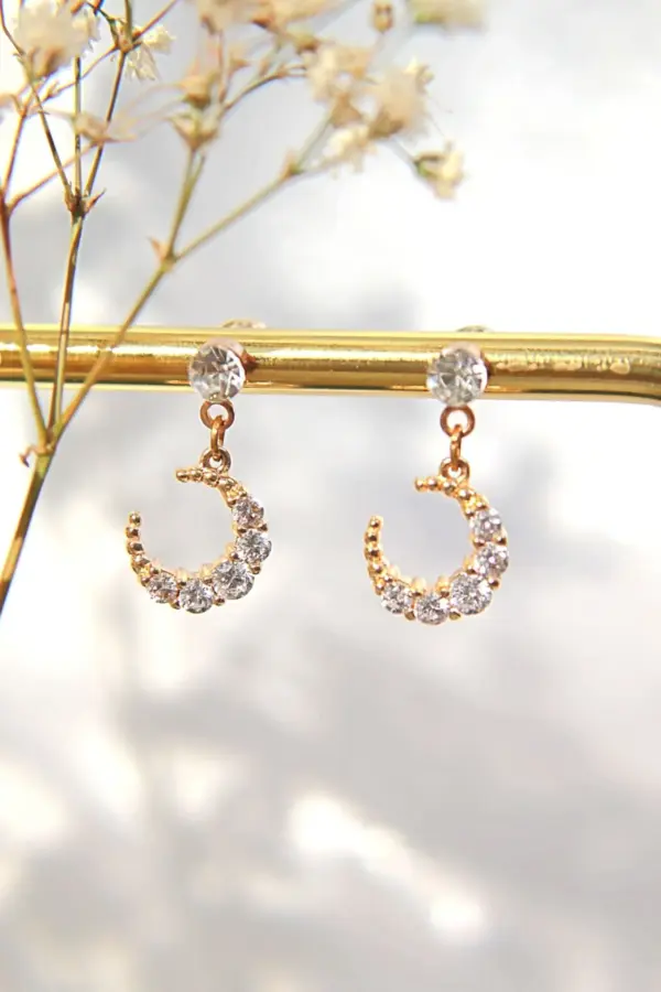 24K Moon CZ Stud Earrings