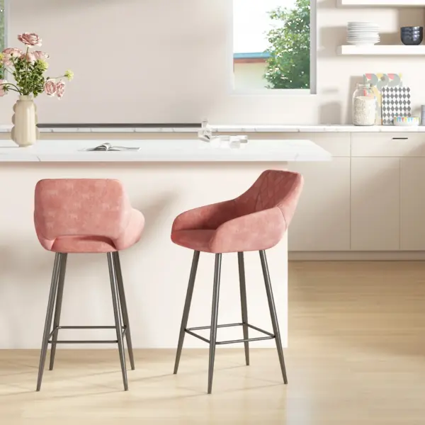 Set of Two Velvet-Feel Bar Stools in Pink | HOMCOM