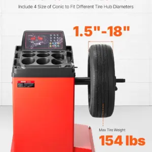 VEVOR Tire Changer Machine, 18" Spindle, Durable Tire Balancer with 4 Size of Conic & 45# Steel, Reinforced Tire Balancer with Complete Measuring Tools & Multi-Compartment, Fit for 1.5"-18" Wide Tire