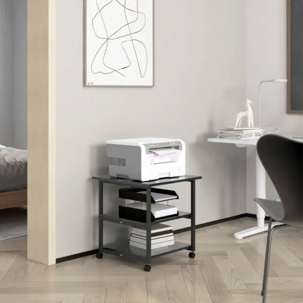 3-Tier Printer Stand with Storage Shelf, Mobile Printer Table on Wheels, 50 x 50 x 52.5cm Rolling Printer Cart for Office, Black | HOMCOM