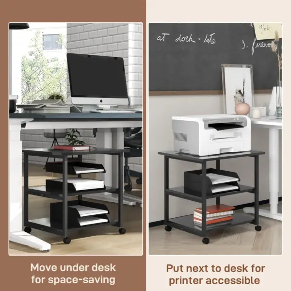 3-Tier Printer Stand with Storage Shelf, Mobile Printer Table on Wheels, 50 x 50 x 52.5cm Rolling Printer Cart for Office, Black | HOMCOM