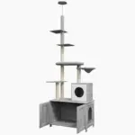 Cat Tree w/ Hidden Litter Box, 2 in 1 Floor to Ceiling Cat Litter Box Furniture w/ Cat House, Bed, Hammock, Scratching Posts | PawHut