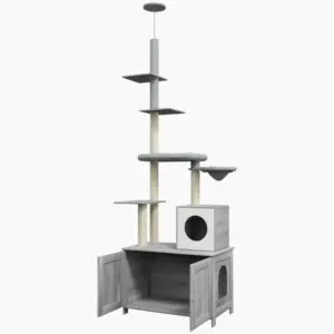 Cat Tree w/ Hidden Litter Box, 2 in 1 Floor to Ceiling Cat Litter Box Furniture w/ Cat House, Bed, Hammock, Scratching Posts | PawHut