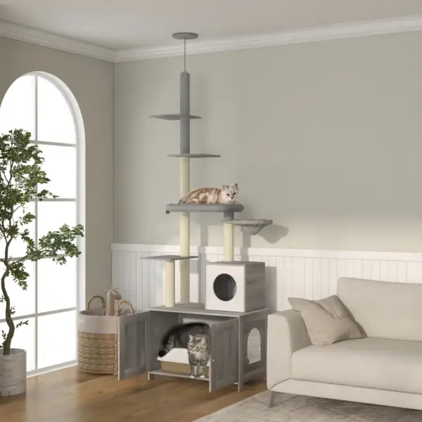 Cat Tree w/ Hidden Litter Box, 2 in 1 Floor to Ceiling Cat Litter Box Furniture w/ Cat House, Bed, Hammock, Scratching Posts | PawHut