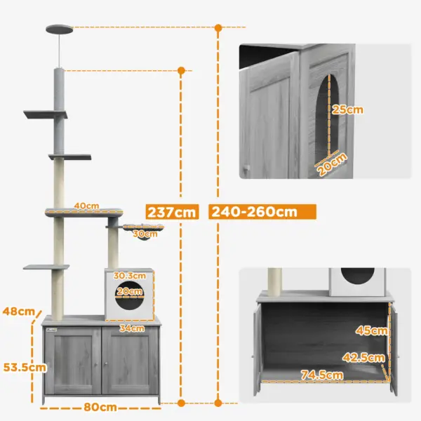 Cat Tree w/ Hidden Litter Box, 2 in 1 Floor to Ceiling Cat Litter Box Furniture w/ Cat House, Bed, Hammock, Scratching Posts | PawHut