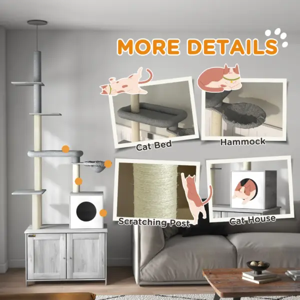 Cat Tree w/ Hidden Litter Box, 2 in 1 Floor to Ceiling Cat Litter Box Furniture w/ Cat House, Bed, Hammock, Scratching Posts | PawHut