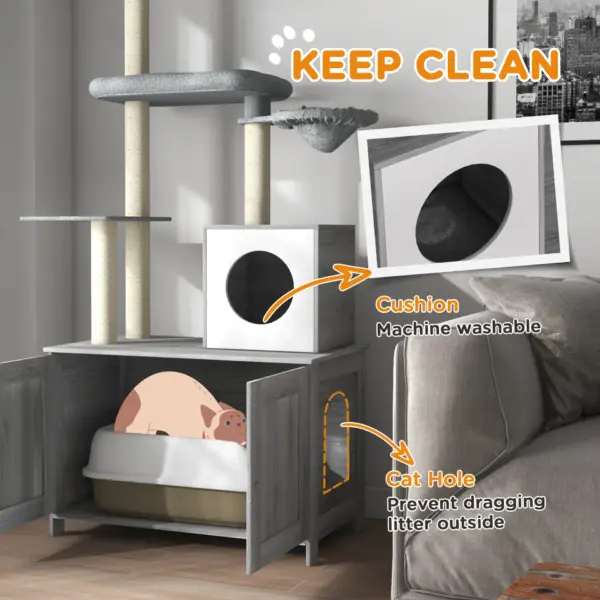 Cat Tree w/ Hidden Litter Box, 2 in 1 Floor to Ceiling Cat Litter Box Furniture w/ Cat House, Bed, Hammock, Scratching Posts | PawHut