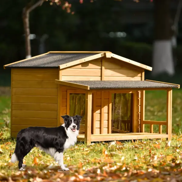 47.2" Large Wooden Dog House Outdoor, Outdoor & Indoor Dog Crate, Cabin Style, With Porch, 2 Doors