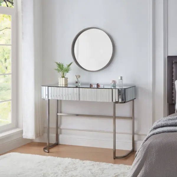 39" Mirrored Makeup Vanity Table with Stainless Steel Base, Mirrored Console Dressing Table with 2 Drawers,Versatile Desk for Bedroom and Office, Silver