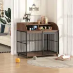 44'' Heavy Duty Large Dog Crate Furniture for Large Medium Dog with Lockable Wheels, Wooden Dog Crate Dog Kennel, End Table Crate with Double layer storage, Brown