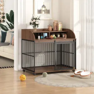 44'' Heavy Duty Large Dog Crate Furniture for Large Medium Dog with Lockable Wheels, Wooden Dog Crate Dog Kennel, End Table Crate with Double layer storage, Brown