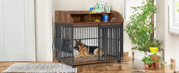 44'' Heavy Duty Large Dog Crate Furniture for Large Medium Dog with Lockable Wheels, Wooden Dog Crate Dog Kennel, End Table Crate with Double layer storage, Brown