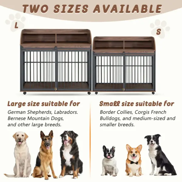 44'' Heavy Duty Large Dog Crate Furniture for Large Medium Dog with Lockable Wheels, Wooden Dog Crate Dog Kennel, End Table Crate with Double layer storage, Brown