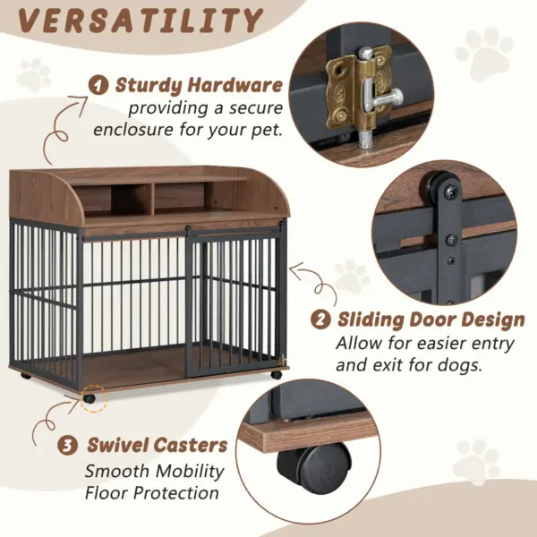 44'' Heavy Duty Large Dog Crate Furniture for Large Medium Dog with Lockable Wheels, Wooden Dog Crate Dog Kennel, End Table Crate with Double layer storage, Brown