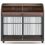 44'' Heavy Duty Large Dog Crate Furniture for Large Medium Dog with Lockable Wheels, Wooden Dog Crate Dog Kennel, End Table Crate with Double layer storage, Brown