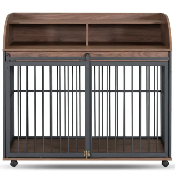 44'' Heavy Duty Large Dog Crate Furniture for Large Medium Dog with Lockable Wheels, Wooden Dog Crate Dog Kennel, End Table Crate with Double layer storage, Brown