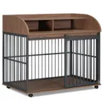 44'' Heavy Duty Large Dog Crate Furniture for Large Medium Dog with Lockable Wheels, Wooden Dog Crate Dog Kennel, End Table Crate with Double layer storage, Brown