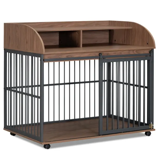 44'' Heavy Duty Large Dog Crate Furniture for Large Medium Dog with Lockable Wheels, Wooden Dog Crate Dog Kennel, End Table Crate with Double layer storage, Brown