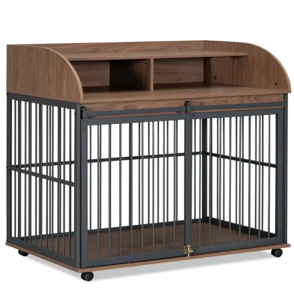 44'' Heavy Duty Large Dog Crate Furniture for Large Medium Dog with Lockable Wheels, Wooden Dog Crate Dog Kennel, End Table Crate with Double layer storage, Brown