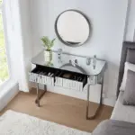 39" Mirrored Makeup Vanity Table with Stainless Steel Base, Mirrored Console Dressing Table with 2 Drawers,Versatile Desk for Bedroom and Office, Silver