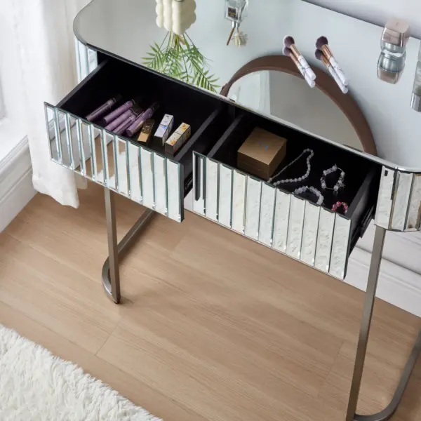 39" Mirrored Makeup Vanity Table with Stainless Steel Base, Mirrored Console Dressing Table with 2 Drawers,Versatile Desk for Bedroom and Office, Silver