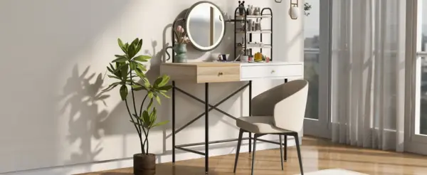 40" Makeup Vanity Desk with 3-Mode Lighted Mirror & Wireless Charging Station , Vanity Table with Drawer & 3 Open Shelves for Ample Storage Space, Dressing Table for Bedroom, White
