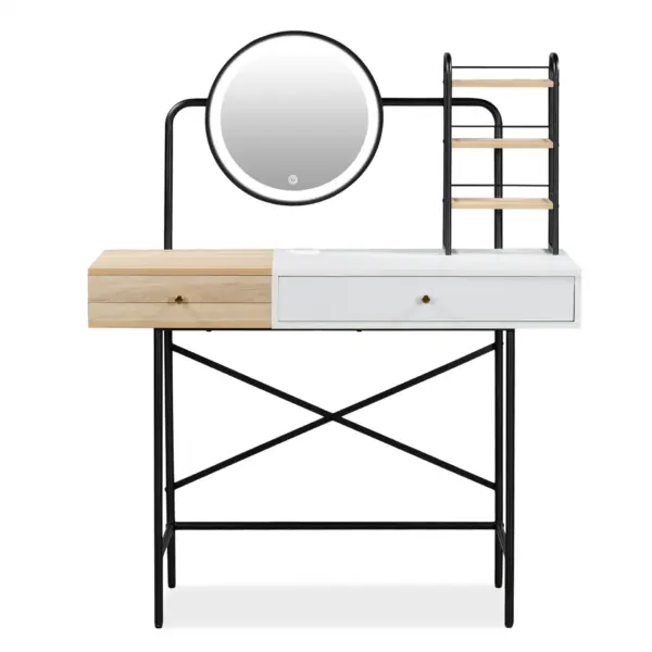 40" Makeup Vanity Desk with 3-Mode Lighted Mirror & Wireless Charging Station , Vanity Table with Drawer & 3 Open Shelves for Ample Storage Space, Dressing Table for Bedroom, White