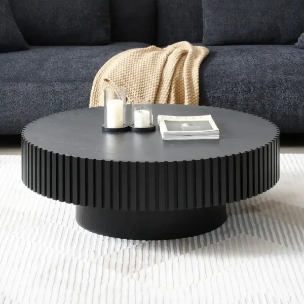 31.49'' Nesting Round Wood Coffee table for Apartment, Modern Living Room Coffee Table with Sturdy Pedestal ,BLACK