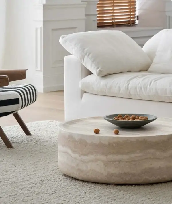 39.37'' Faux MARS Pattern Coffee Tables for Living Room Round Tea Faux Travertine Textured table for Living Room, No Need Assembly.