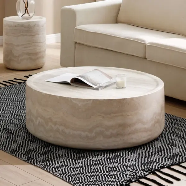 39.37'' Faux MARS Pattern Coffee Tables for Living Room Round Tea Faux Travertine Textured table for Living Room, No Need Assembly.
