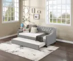 Twin Size Upholstered Daybed with Trundle,Sturdy Wood Bedframe w/ Bedframe Tufted Button & Copper Nail on Arms Design,Perfect for Bedroom,Guest Room Furniture,No Box Spring Needed
