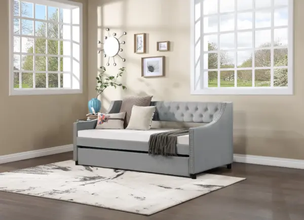 Twin Size Upholstered Daybed with Trundle,Sturdy Wood Bedframe w/ Bedframe Tufted Button & Copper Nail on Arms Design,Perfect for Bedroom,Guest Room Furniture,No Box Spring Needed
