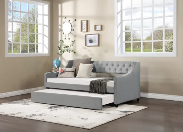 Twin Size Upholstered Daybed with Trundle,Sturdy Wood Bedframe w/ Bedframe Tufted Button & Copper Nail on Arms Design,Perfect for Bedroom,Guest Room Furniture,No Box Spring Needed