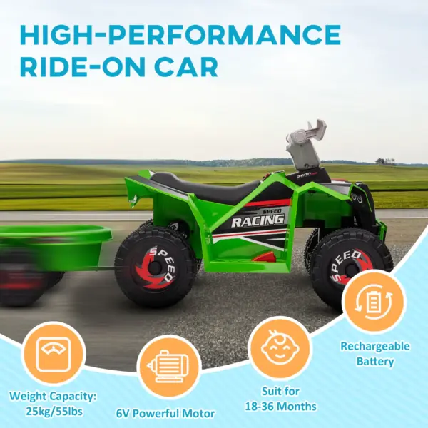 6V Quad Bike with Back Trailer, Wear-Resistant Wheels, for Ages 18-36 Months, Green | HOMCOM