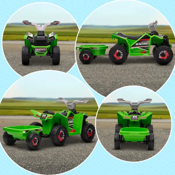 6V Quad Bike with Back Trailer, Wear-Resistant Wheels, for Ages 18-36 Months, Green | HOMCOM