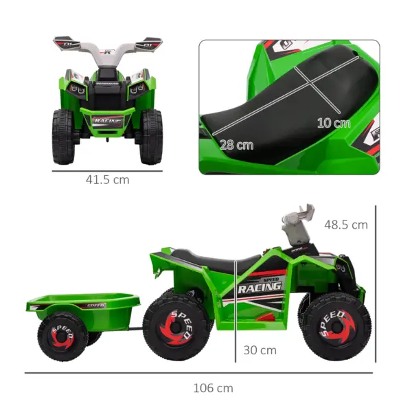 6V Quad Bike with Back Trailer, Wear-Resistant Wheels, for Ages 18-36 Months, Green | HOMCOM