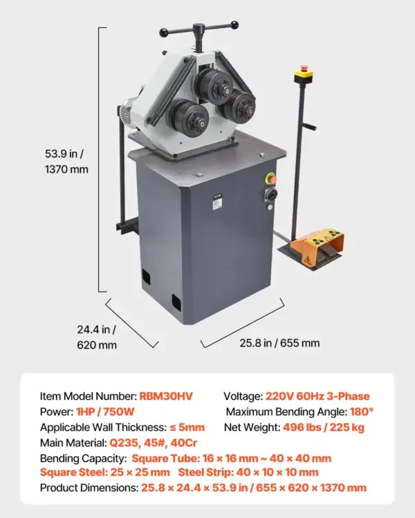 VEVOR 750W Electric Roll Bending Machine, 3-Roller Electric Pipe Bender Machine with 180 Maximum Bending Angle & Reversible Foot Switch, Support Horizontal/Vertical Operation (220V 60Hz 3-Phase)