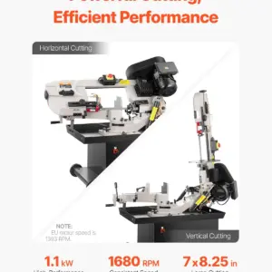 VEVOR Metal Horizontal Band Saw, 7 x 8.25 in Rectangular Cutting Capacity, 110/220V Vertical Cutting Bandsaw with 1.1 kW Motor, 0-45 Angle Adjustment, Variable Speed, for Metal, Wood, and Plastic