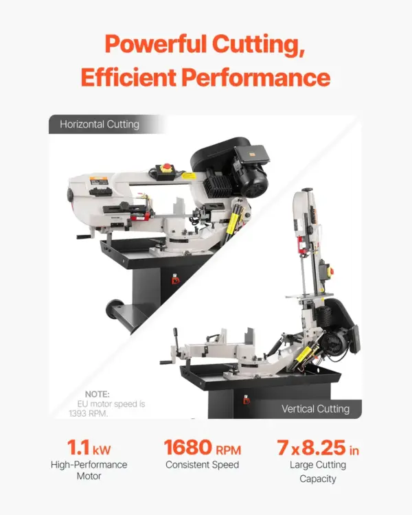 VEVOR Metal Horizontal Band Saw, 7 x 8.25 in Rectangular Cutting Capacity, 110/220V Vertical Cutting Bandsaw with 1.1 kW Motor, 0-45 Angle Adjustment, Variable Speed, for Metal, Wood, and Plastic